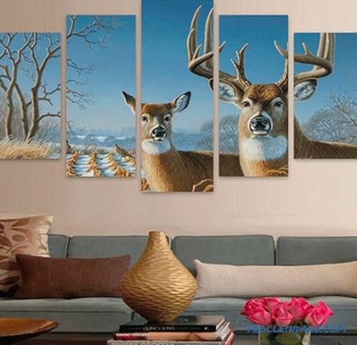 Modulární obrazy v interiéru obývacího pokoje, ložnice nebo kuchyně, fotografické nápady